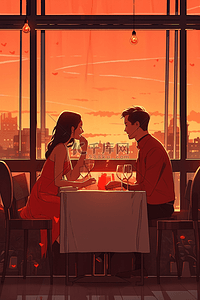 情侣餐厅吃饭约会夕阳海报手绘插画素材
