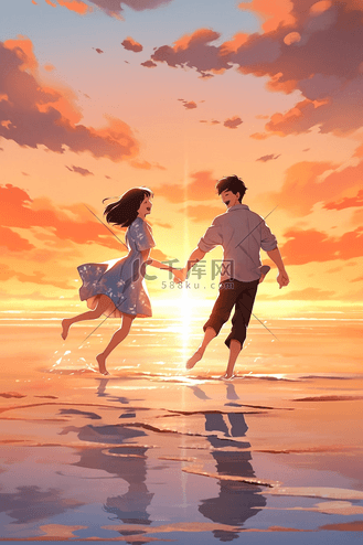 海边情人节情侣散步手绘插画