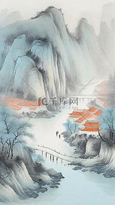 黑色磨砂插画图片_青绿色肌理磨砂春在深山自然山水插画素材