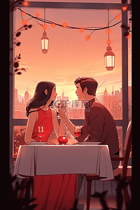 餐厅吃饭约会夕阳手绘情侣海报插画图片