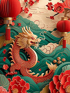 绿色元素海报插画图片_灯笼新年龙年云彩插画海报