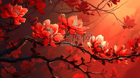开花的树木插画图片_红色场景树枝上开花的插画3