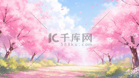 蓝色天空下粉色樱花树下唯美插画17