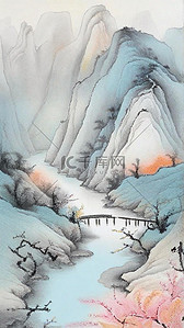 磨砂墙面质感插画图片_青绿色肌理磨砂春在深山自然山水插图