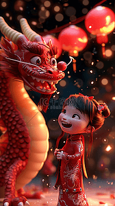 金色背景设计插画图片_新年龙年女孩3d手绘海报插画设计