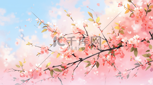 蓝色天空下粉色樱花树下唯美插画3