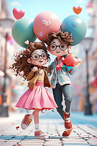 粉红色气球气球插画图片_情人节3d情侣立体卡通海报插画设计