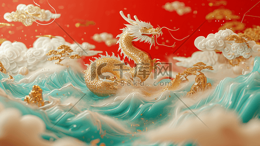 线条金插画图片_手绘龙年雕刻河流金色海报插画海报