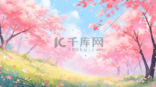 蓝色天空下粉色樱花树下唯美插画15