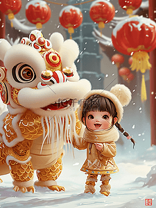 中国喜庆元素插画图片_金色新年龙年可爱女孩3d插画海报