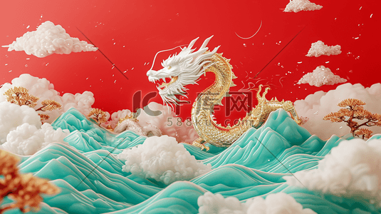 背景设计中国插画图片_龙年雕刻手绘河流金色海报插画设计