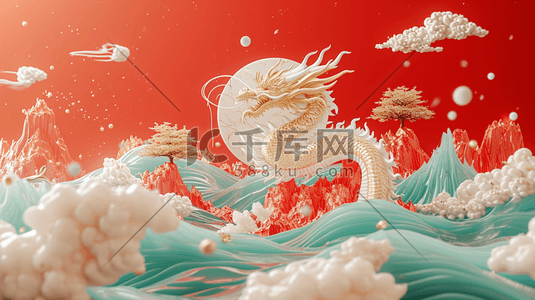 柔和线条插画图片_龙年海报雕刻河流金色手绘素材