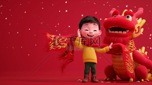 3D立体质感中国龙年孩童过年的背景2插画素材