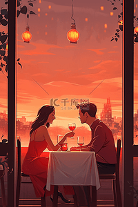 情侣餐厅吃饭手绘约会夕阳海报图片