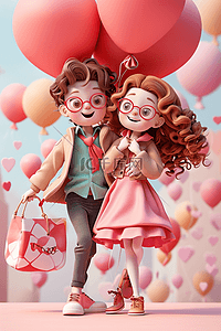 粉红色气球气球插画图片_情人节情侣3d立体卡通海报插画