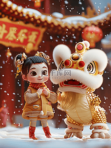 新年喜庆元素插画图片_龙年金色新年可爱女孩3d插画海报