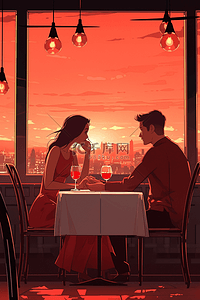 手绘情侣餐厅吃饭约会夕阳海报插画图片