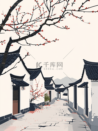 手绘黑白江南房屋建筑的插画6