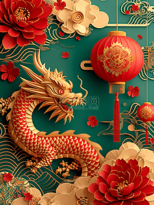 新年金色剪纸插画图片_新年龙年云彩插画海报灯笼