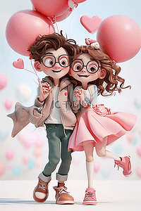 粉红色气球气球插画图片_3d立体情人节情侣卡通海报插画