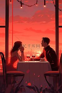 餐厅吃饭约会情侣夕阳手绘海报插画素材