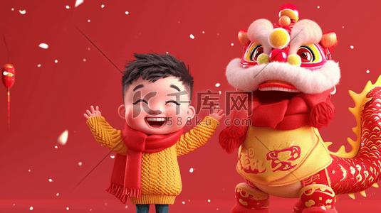 春节红色3d插画图片_3D立体质感中国龙年孩童过年的背景5插画设计