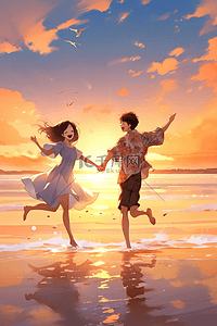 情侣沙滩插画图片_情人节手绘插画情侣海边散步
