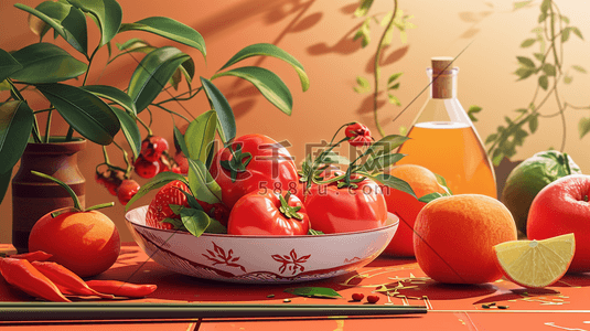 餐桌桌面插画图片_餐桌上有各种各样的水果盆栽的插画1