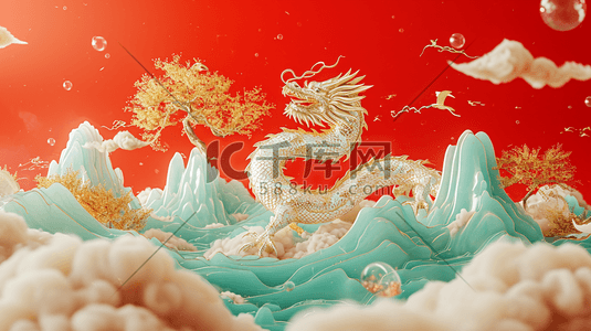 红色海报质感插画图片_龙年雕刻河流金色海报手绘原创插画