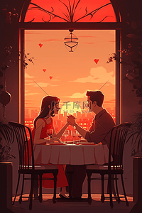 情侣餐厅海报吃饭约会夕阳手绘插画图片