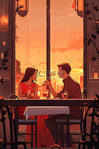 约会餐厅插画图片_餐厅情侣吃饭约会夕阳手绘海报插画素材