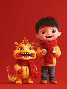 红色大气背景插画图片_3D立体质感中国龙年孩童过年的背景10原创插画