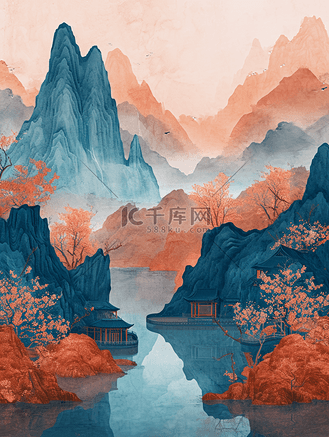 彩色手绘水彩山水风景风光的插画21
