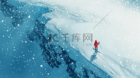 冬季大雪雪景穿红色衣服滑雪的插画1