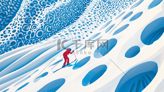 渐变圆点插画图片_冬季大雪雪景穿红色衣服滑雪的插画6