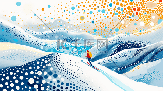 圆点渐变插画图片_冬季大雪雪景穿红色衣服滑雪的插画7