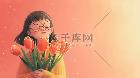 抱孩插画图片_手绘卡通气质唯美女孩抱着花束的插画10