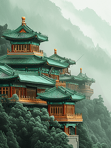 中国国风古建筑庭院大气的插画15