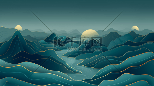 条纹流线插画图片_中式金色装饰平铺流线山脉壁布插画9