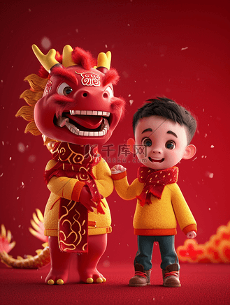 立体红色中国春节龙年小孩开心的插画14
