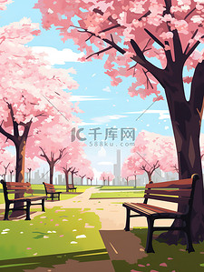 长椅椅子插画图片_盛开樱花树下的长椅插画图片