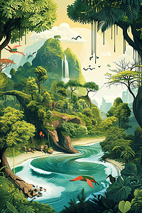 海报春天风景绿树手绘插画