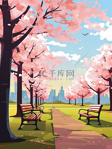 长椅椅子插画图片_盛开樱花树下的长椅插画素材