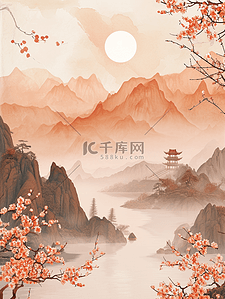 山水河流风光插画图片_彩色手绘水彩山水风景风光的插画19