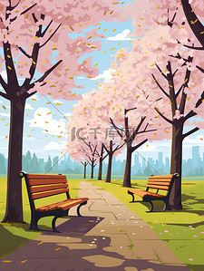 长椅椅子插画图片_盛开樱花树下的长椅插图