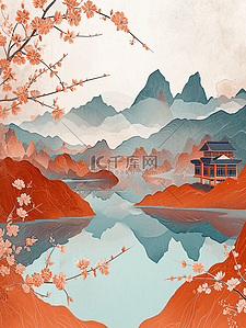 山水河流风光插画图片_彩色手绘水彩山水风景风光的插画12