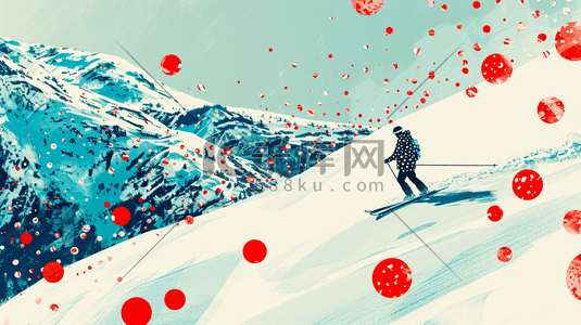 渐变圆点插画图片_冬季大雪雪景穿红色衣服滑雪的插画13