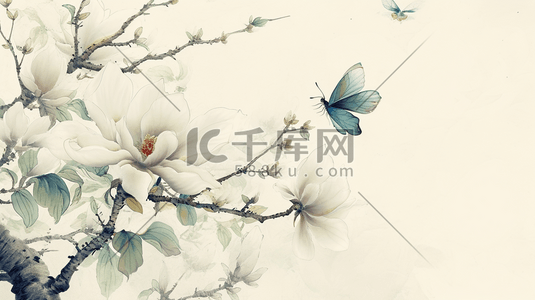 水彩国画树枝只头上花朵开放有蝴蝶的插画2