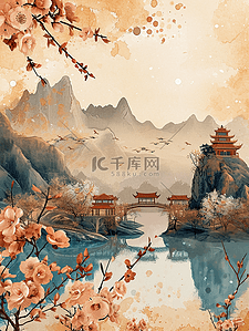 山水河流风光插画图片_彩色手绘水彩山水风景风光的插画23