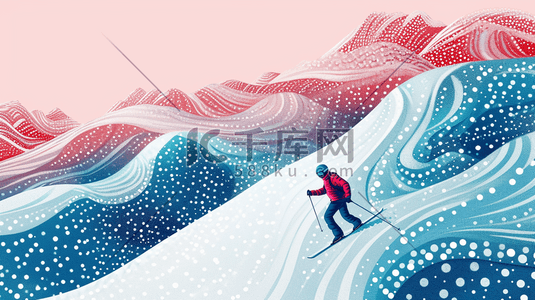 冬季大雪雪景穿红色衣服滑雪的插画19